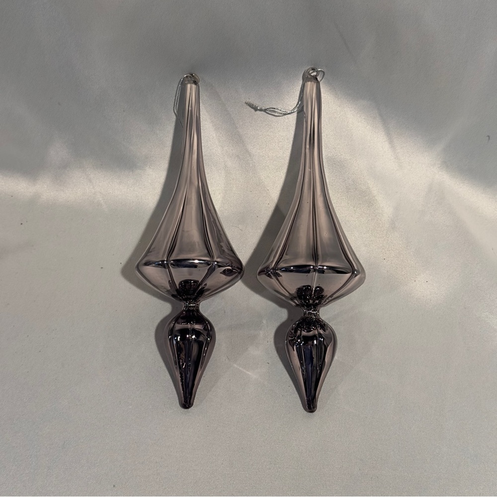 Vintage Giant Glass Top Christmas Ornaments Silver Platinum Blown Glass-A Pair